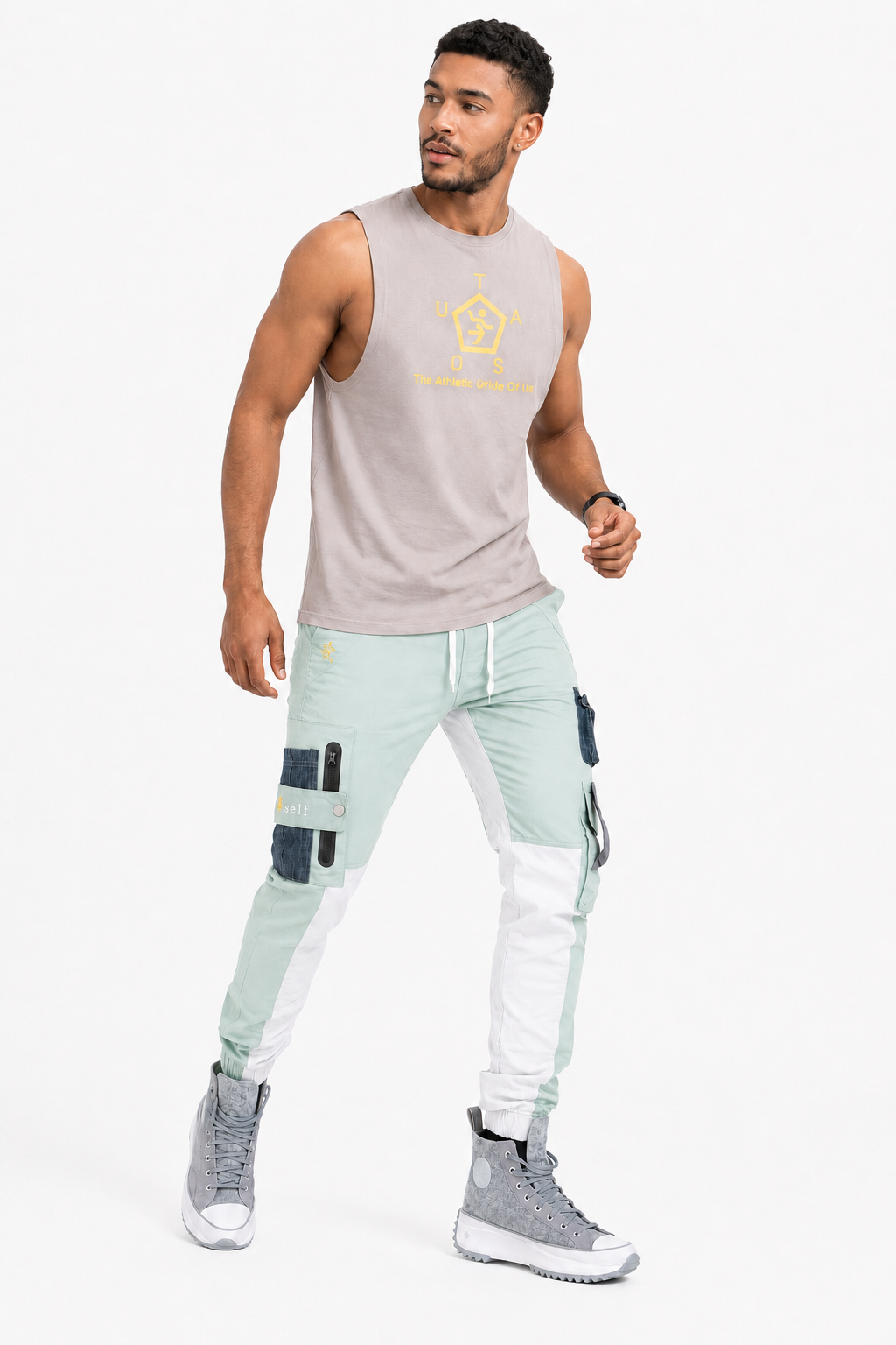 TASOU Act Self Cargo Pants – Multi-Pocket Utility Streetwear | Charcoal Gray & Soft Mint