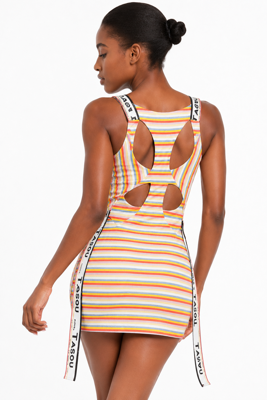 TASOU Ade Act-Self Ribbed Mini Dress – Organic Cotton Knit with Signature Straps | White & Multicolor