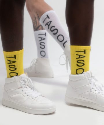 TASOU Art Self Socks – NYFW Luxury Knit Statement Socks | White & Yellow