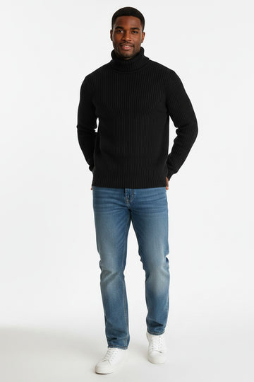 TASOU Chunky Ribbed Turtleneck Sweater – Braided Sleeve Detail | Black & Burnt Orange