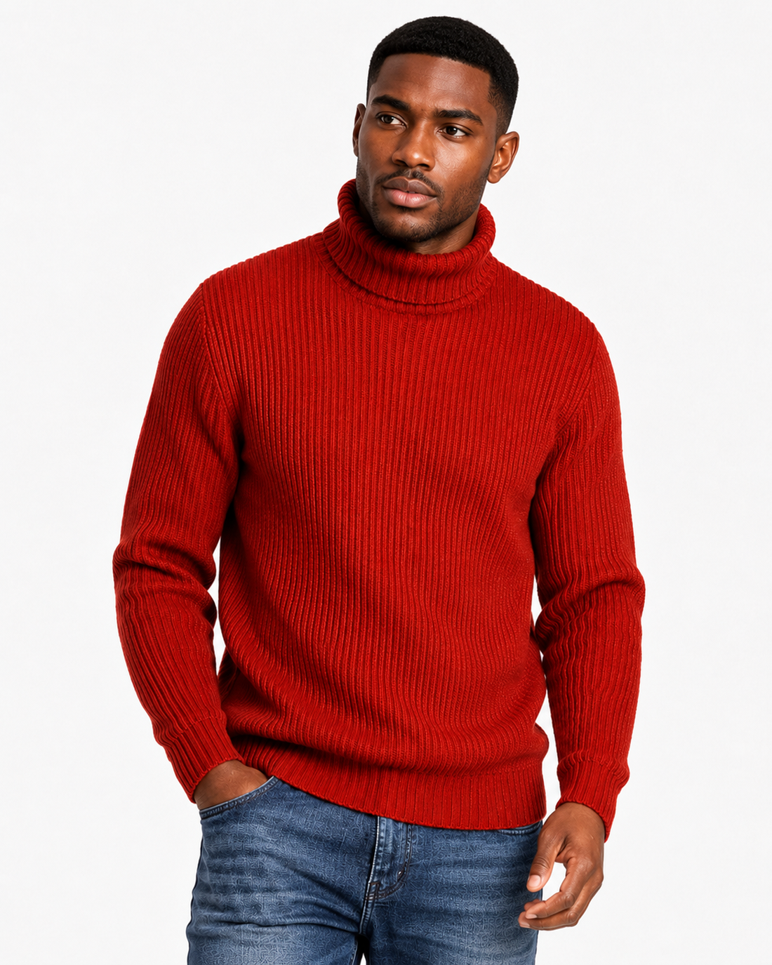 TASOU Chunky Ribbed Turtleneck Sweater – Braided Sleeve Detail | Black & Burnt Orange