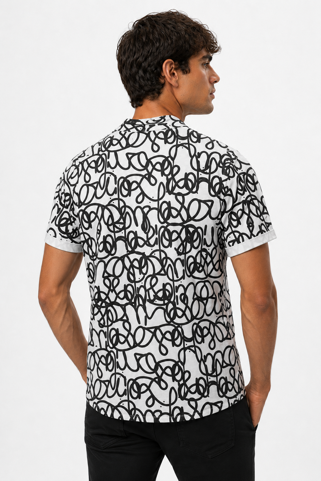 TASOU Graffiti Print Asymmetrical Shirt – Organic Cotton Street Art Top | Black & White Scribble Print
