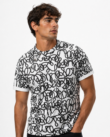 TASOU Graffiti Print Asymmetrical Shirt – Organic Cotton Street Art Top | Black & White Scribble Print