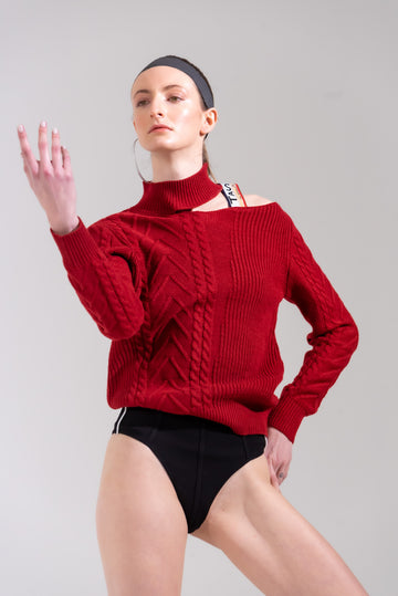 TASOU Victorian Cut-Out Shoulder Sweater – Precision-Cut Ribbed Knit | Burgundy, Ivory & Tan