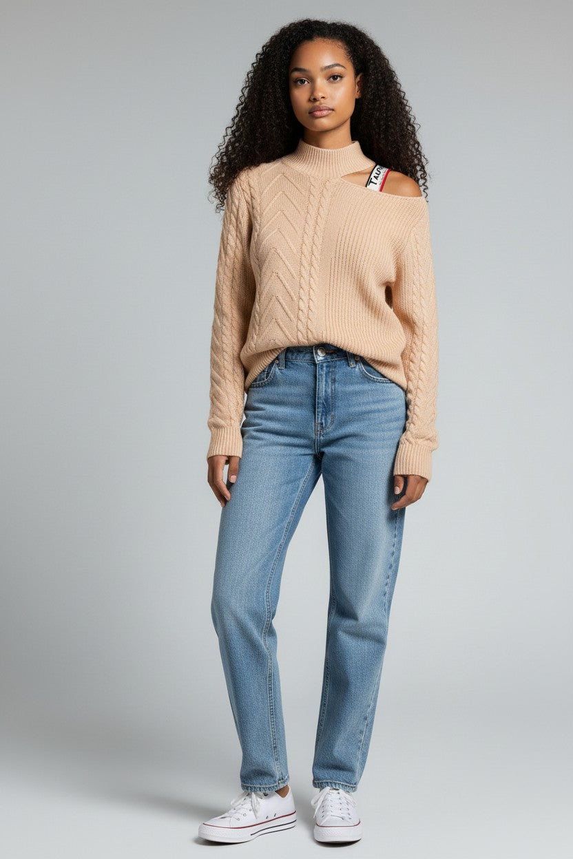 TASOU Victorian Cut-Out Shoulder Sweater – Precision-Cut Ribbed Knit | Burgundy, Ivory & Tan