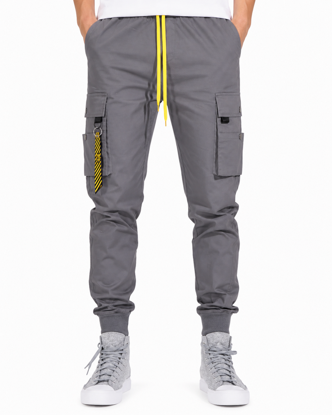 TASOU Crotona Cargo Pants – Gray with Bold Yellow Accents | Premium Utility Streetwear