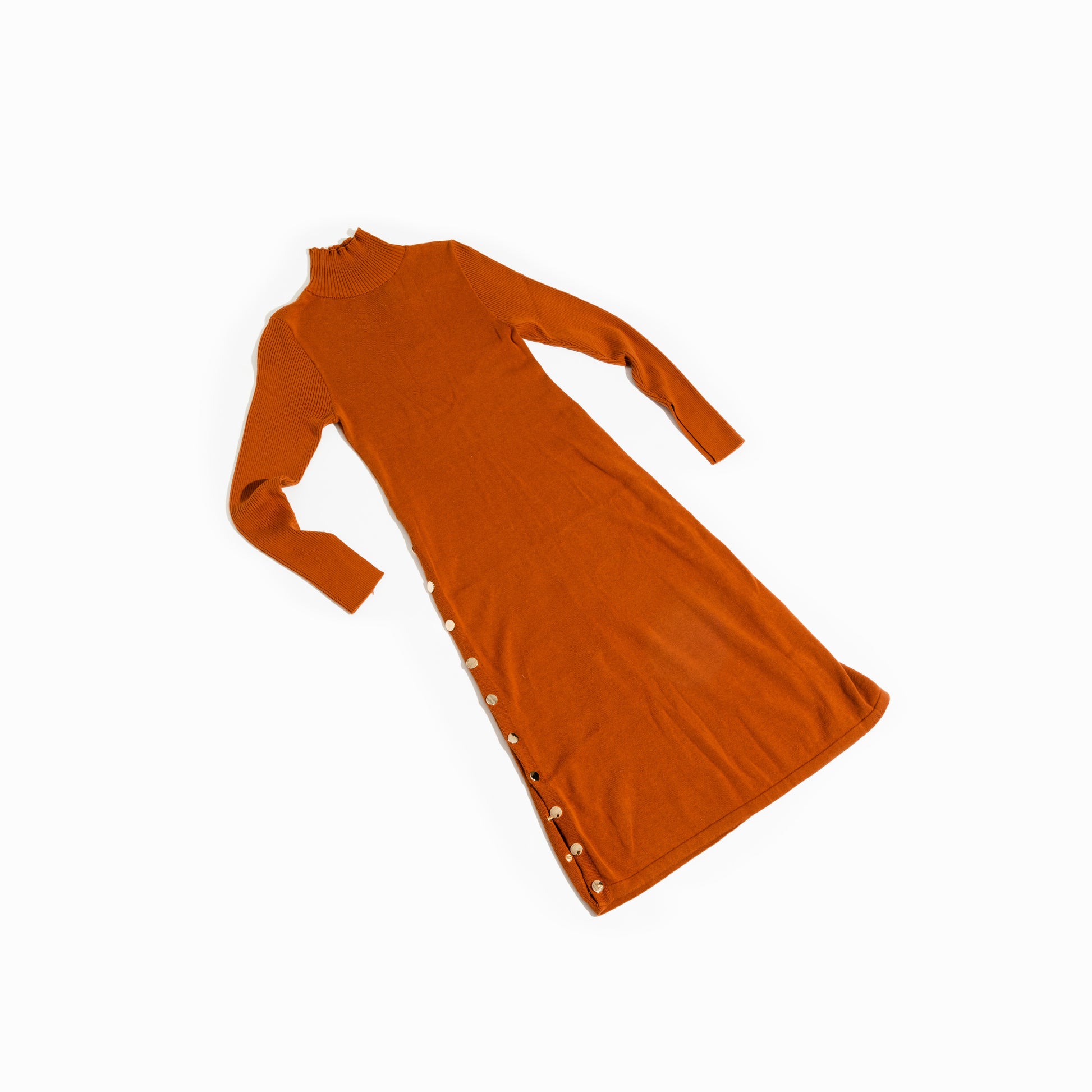TASOU Ribbed Sweater Dress Burnt Orange with Gold Button Detail | Turtleneck The Athletic Side Of Us- TASOU TASOU Ribbed Sweater Dress Burnt Orange with Gold Button Detail | Turtleneck The Athletic Side Of Us- TASOU